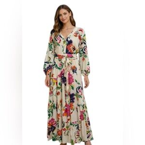 Premier Amour Floral Maxi Dress Long Sleeve Tie Waist Size 2 NWT